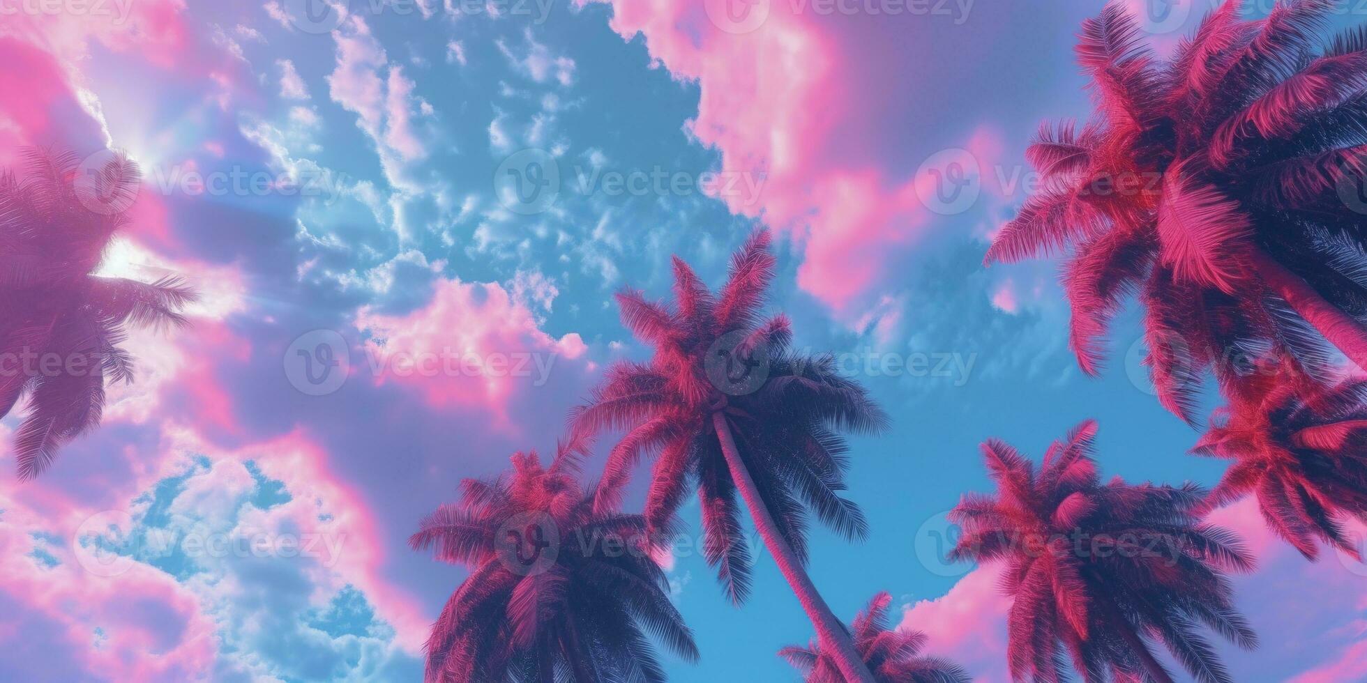 Generative AI, retro california coconut palms. Hawaii palm trees at sunset. Summer background photo