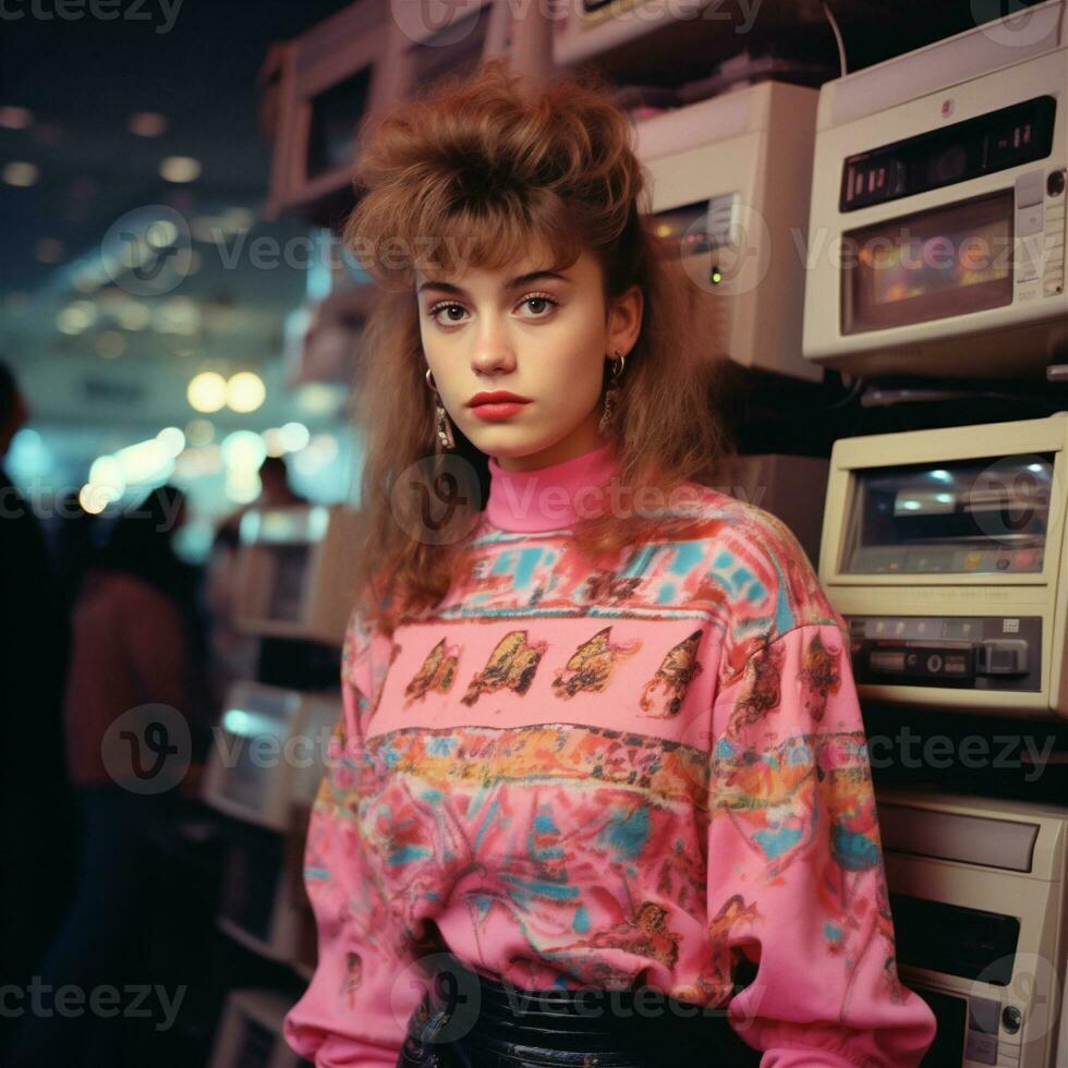 generativo ai, adolescente retrato en estilo 90s o años 80, retro moda, Clásico colores foto