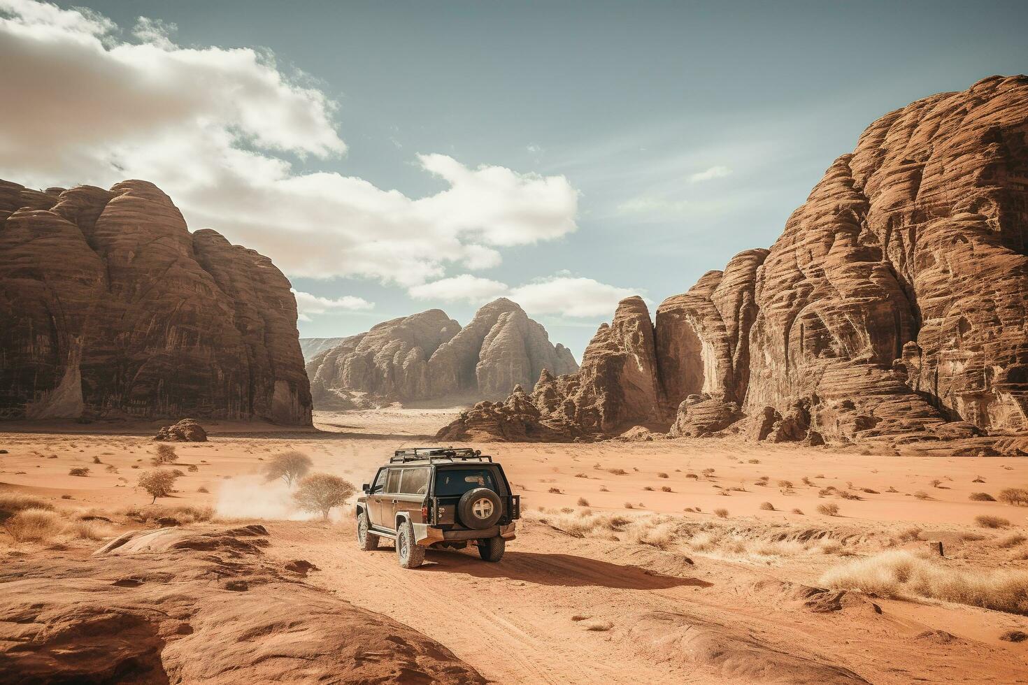 generativo ai, apagado la carretera coche conducción en un devanado montaña Desierto camino, rodeado por asombroso puntos de vista de el escabroso terreno foto