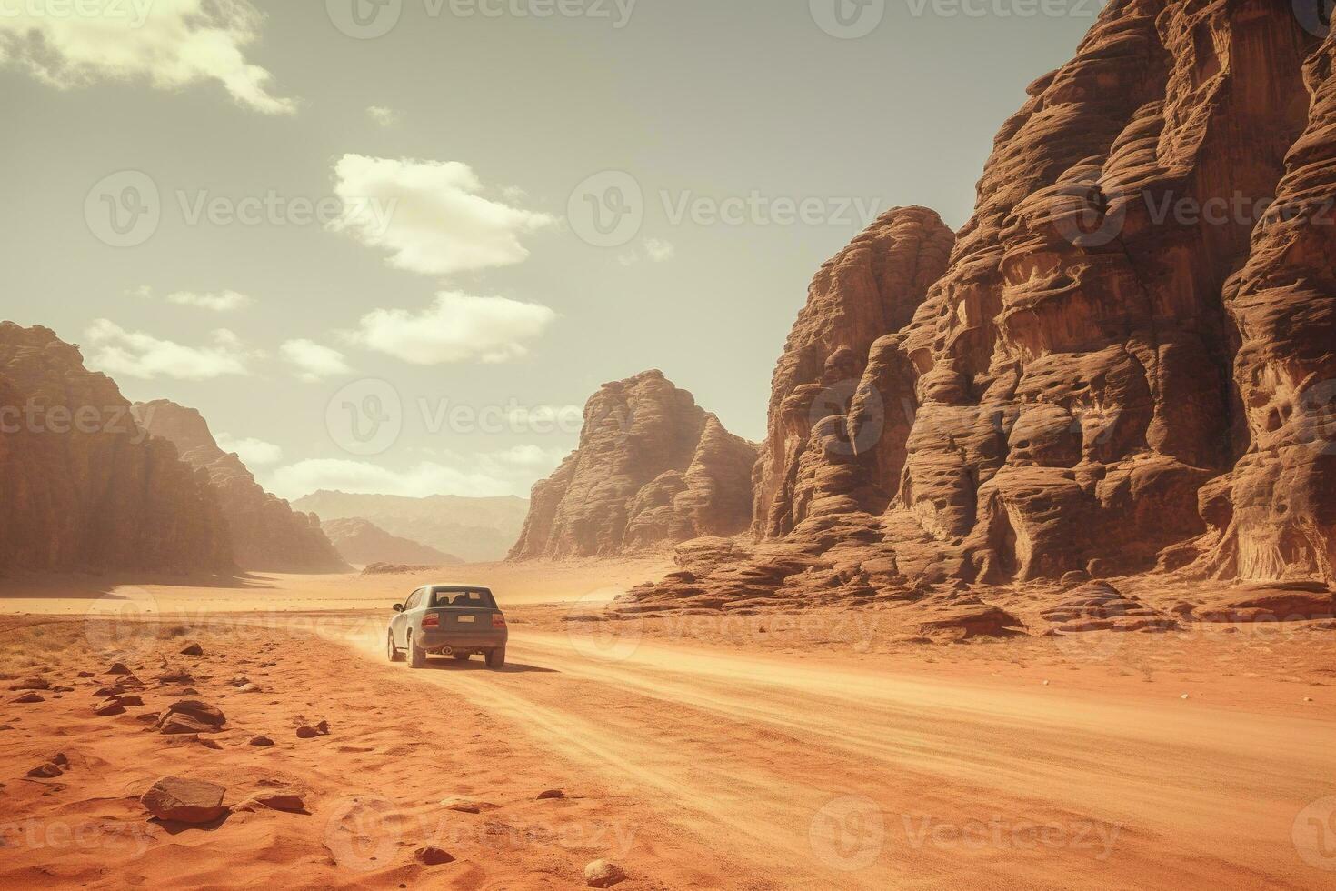 generativo ai, apagado la carretera coche conducción en un devanado montaña Desierto camino, rodeado por asombroso puntos de vista de el escabroso terreno foto