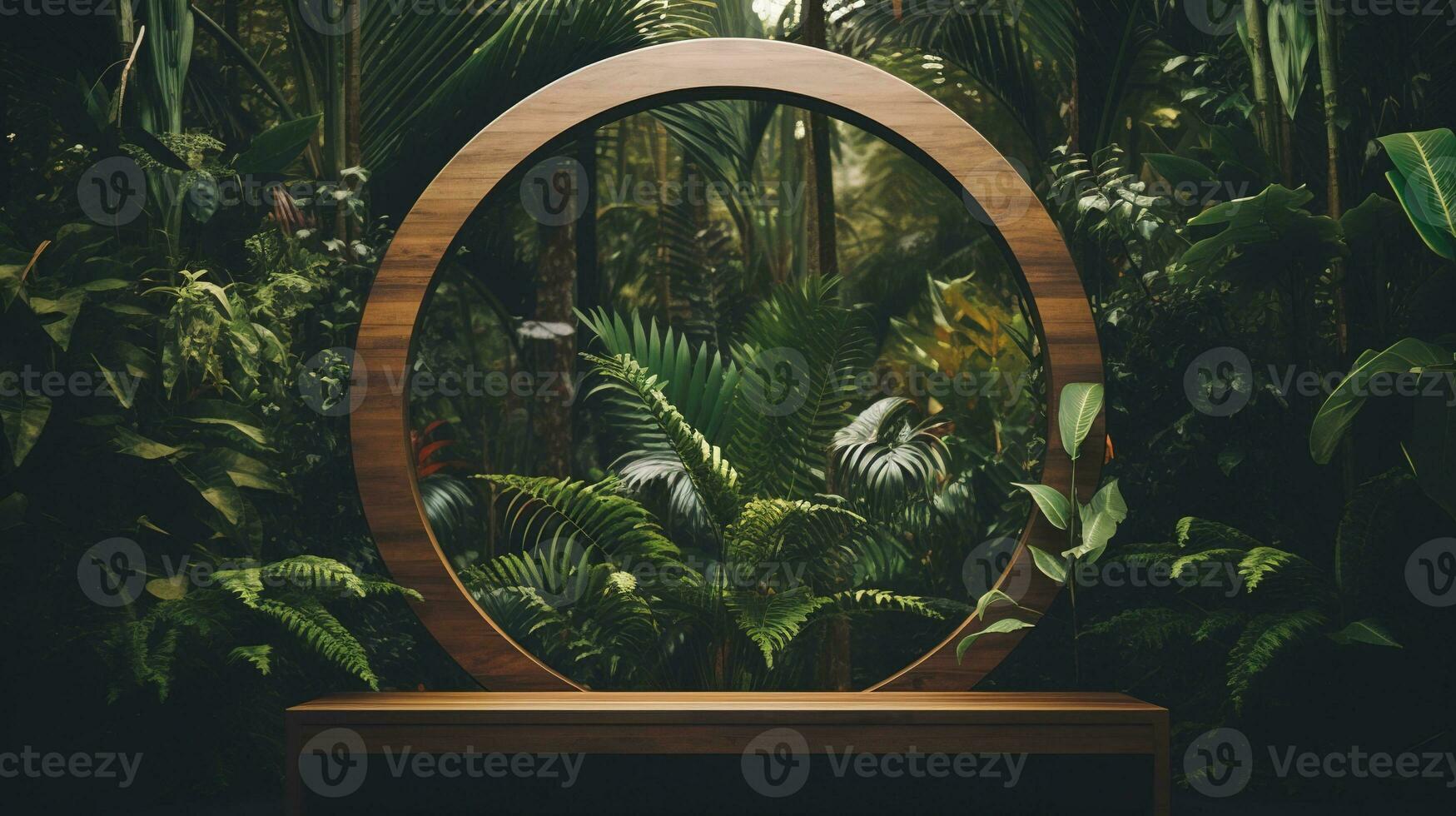 Generative AI, Empty circle wooden frame and tropical leaves on jungle background. For product display. photo