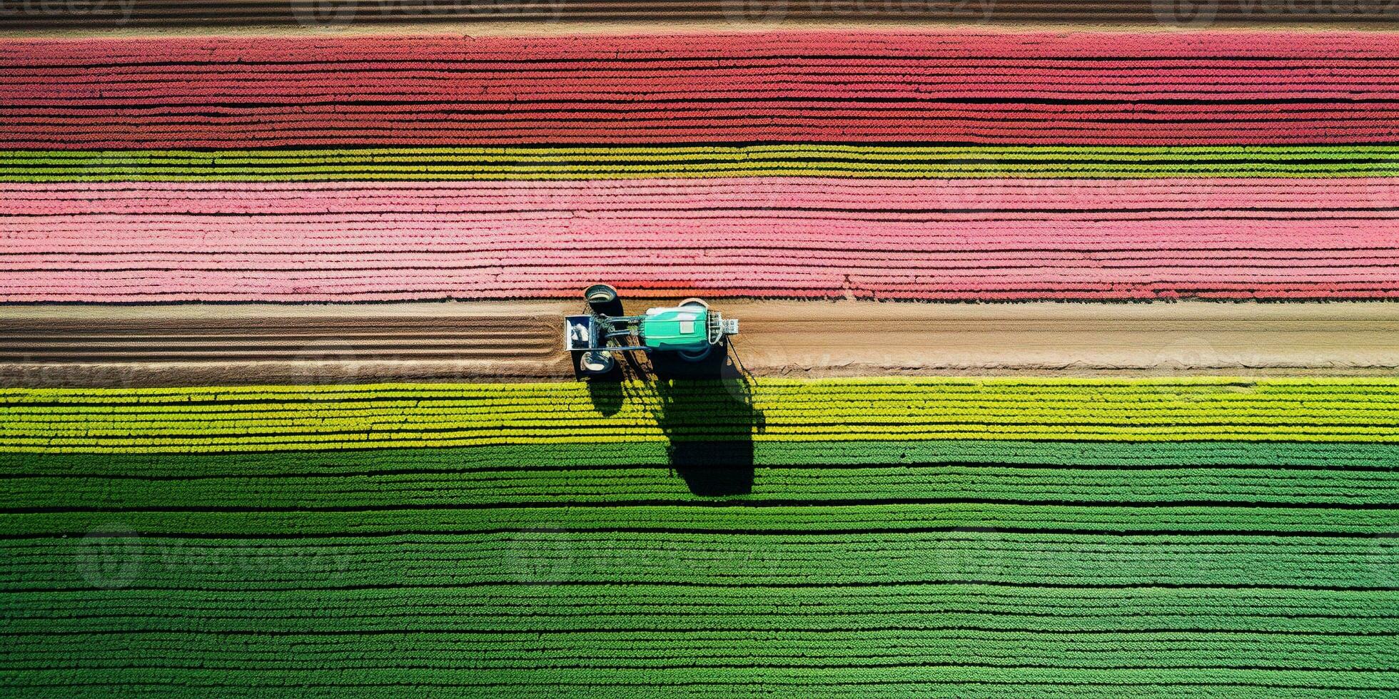 Generative AI, Farm colorful landscape, agricultural fields, beautiful countryside, country road. Nature Illustration, top view drone, horizontal banner. photo