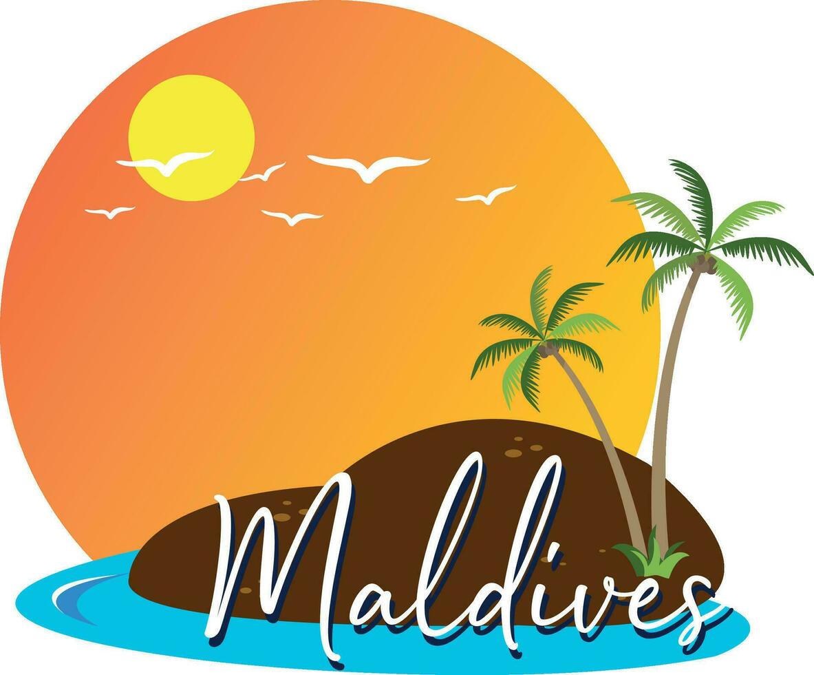 Maldives tropical resort poster vintage. Beach coast traditional huts, palms, ocean. Retro style illustration vector