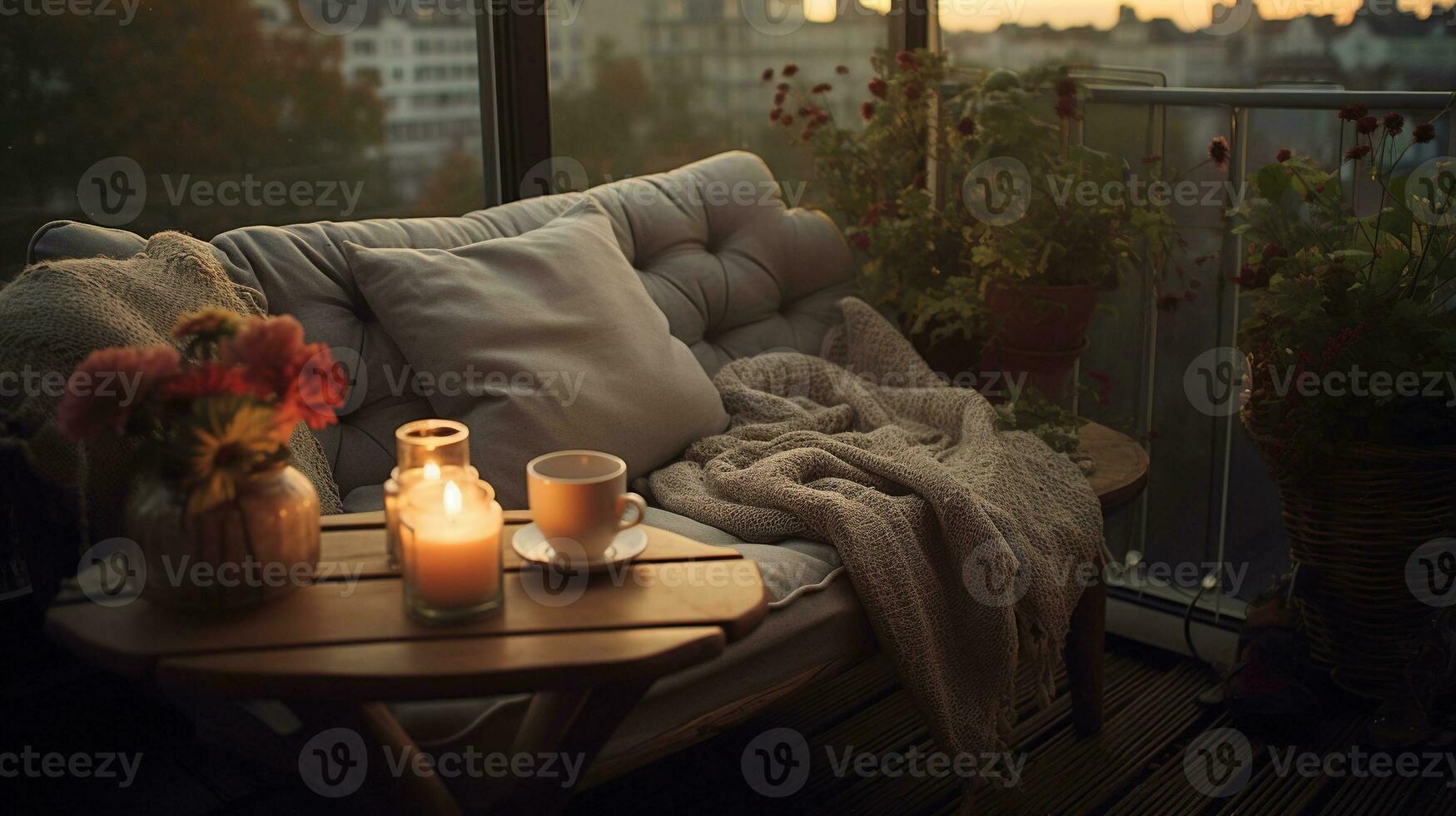 Generative AI, Cozy balcony in muted neutral colors  with blanket, chair and candles. Soft sofas and chairs for relax, bohemian ideas photo