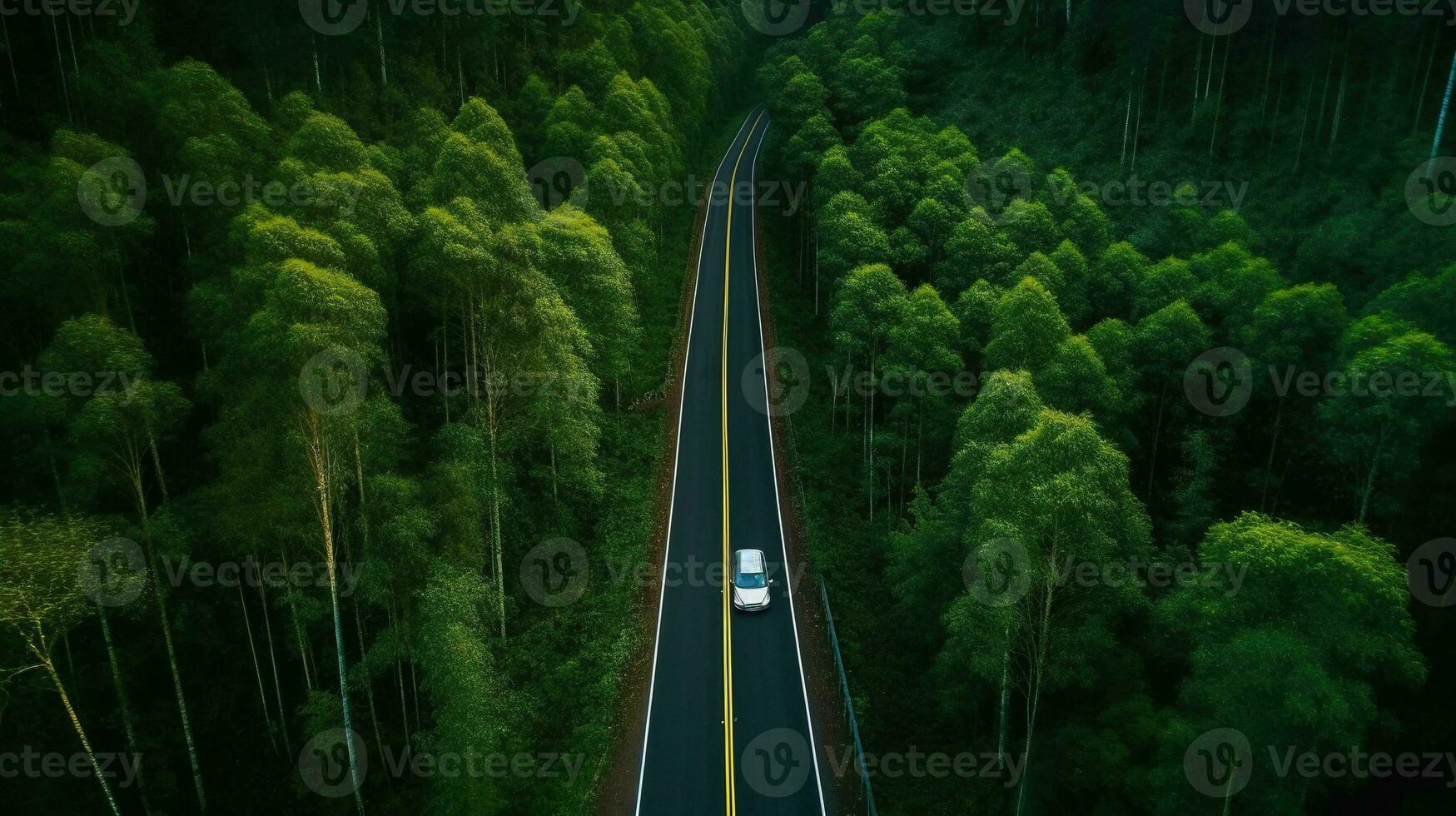 Generative AI, Aerial view of road between green forest, green landscape photo