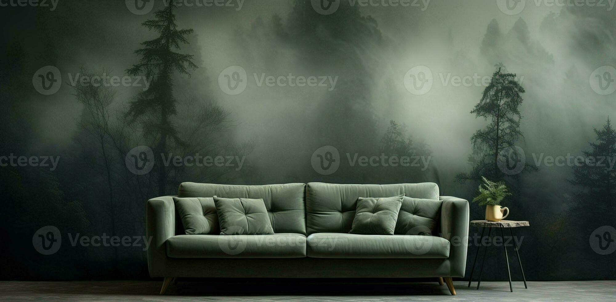Generative AI, Interior design with couch, sofa and wallpaper of fir forest beautiful landscape in hipster vintage retro style, foggy mountains and trees. photo