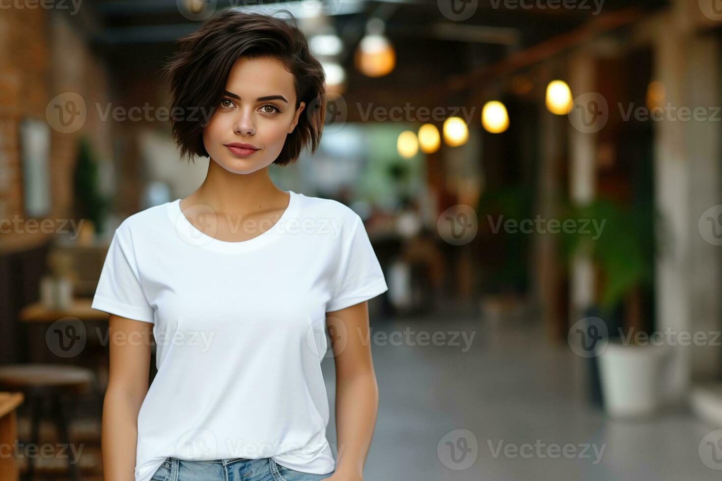 Generative AI, Realistic white T-Shirt mock up blank put on young pretty woman, copy space for presentation advertising. Blank business concept photo