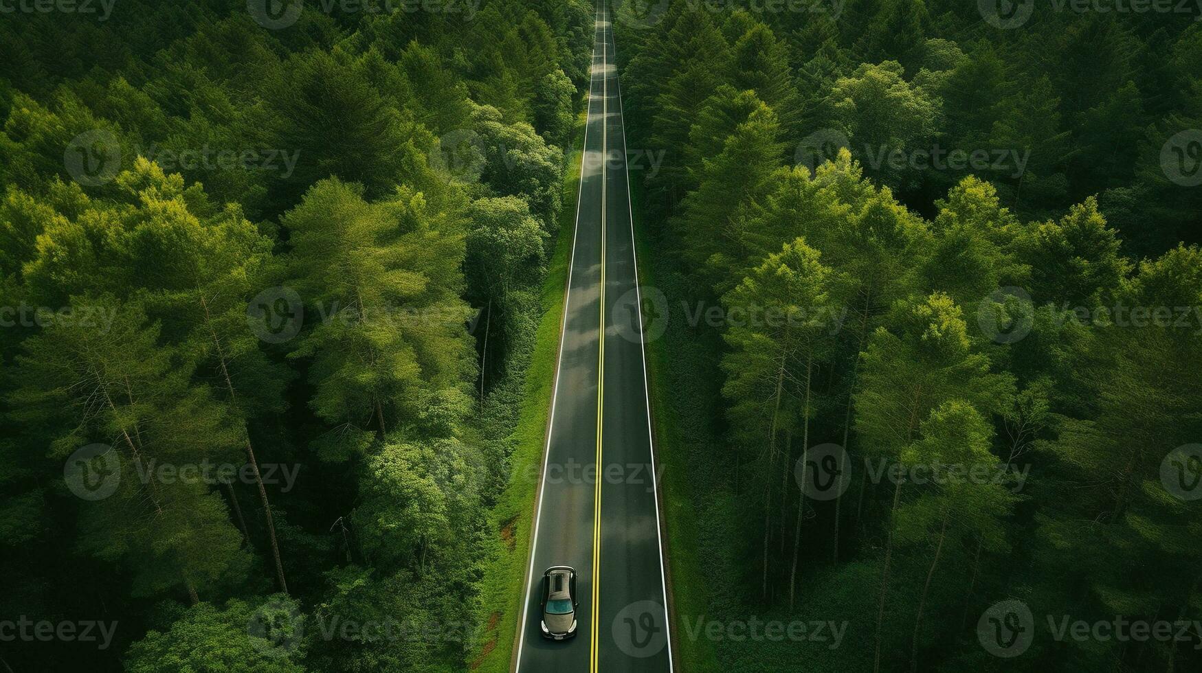 generativo ai, aéreo ver de la carretera Entre verde bosque, verde paisaje foto