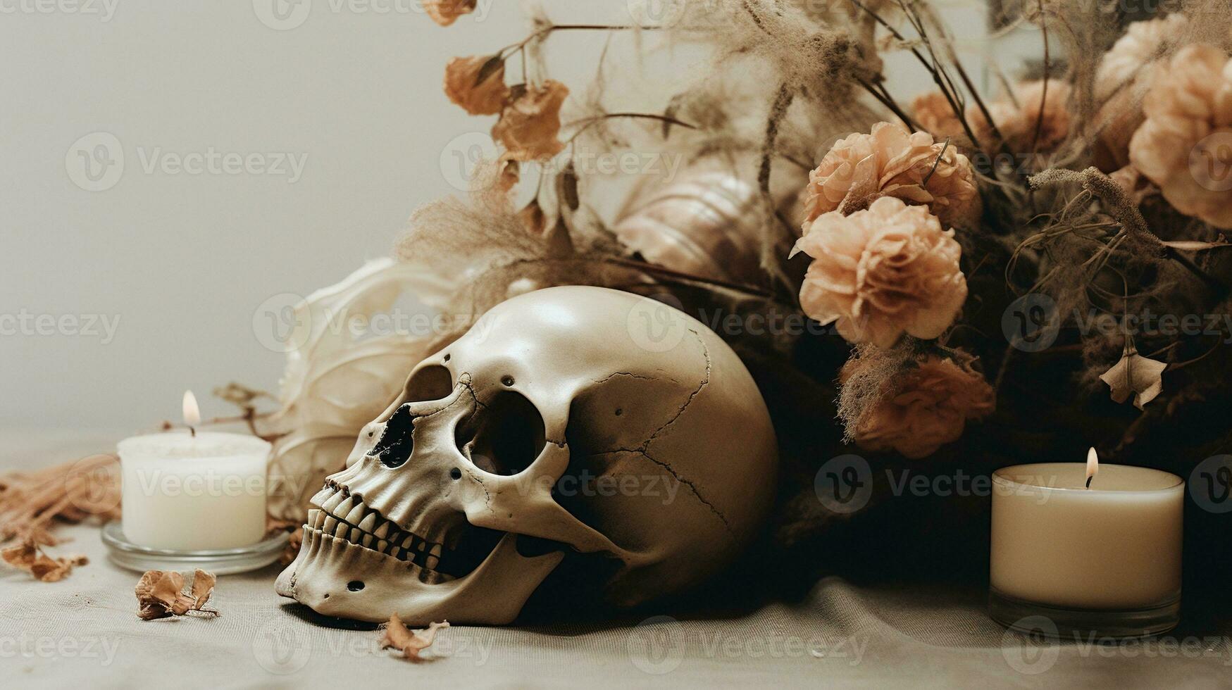 Generative AI, Halloween background with skull, flowers and feathers in boho style, muted neutral colors, home decoration photo