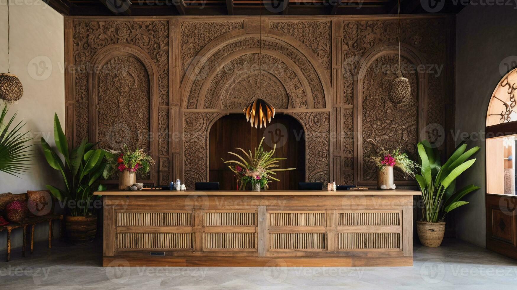 Generative AI, Front desk of boho hotel, wooden reception photo