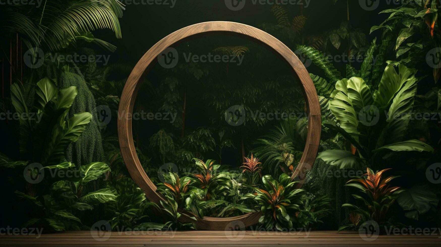 Generative AI, Empty circle wooden frame and tropical leaves on jungle background. For product display. photo