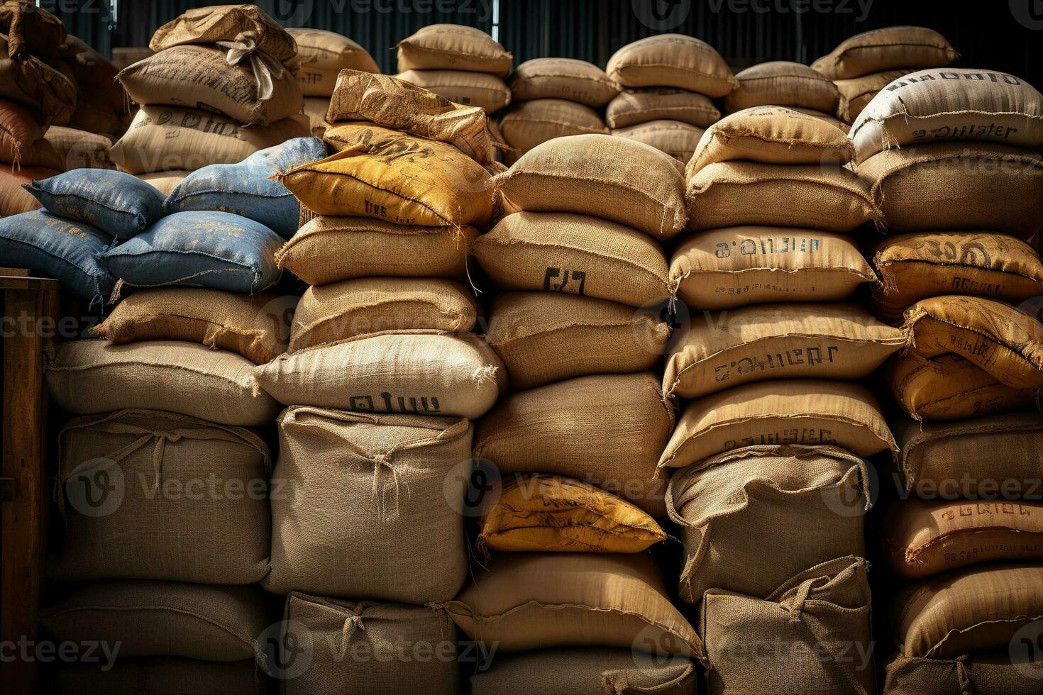 Generative AI, Stack hemp sacks of rice or coffee, industrial storage photo