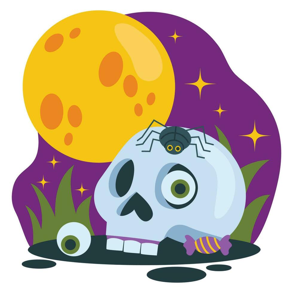 Set of Halloween illustrations. Skull, eye, candy, spider. Background with big moon and stars. Vector graphic.