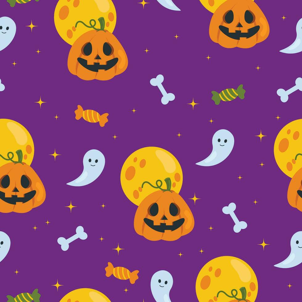 Seamless pattern. Happy Halloween. Pumpkin with a carved face, candy, ghost, full moon and stars. Vector graphic.