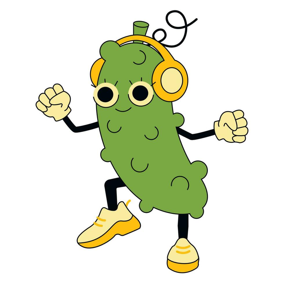 Funny cartoon character - dancing Pickle in headphones. Vector graphic.