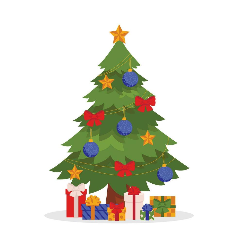 Beautiful Christmas tree decorated with balls, bows and stars. There are gifts under the tree. Vector graphic.