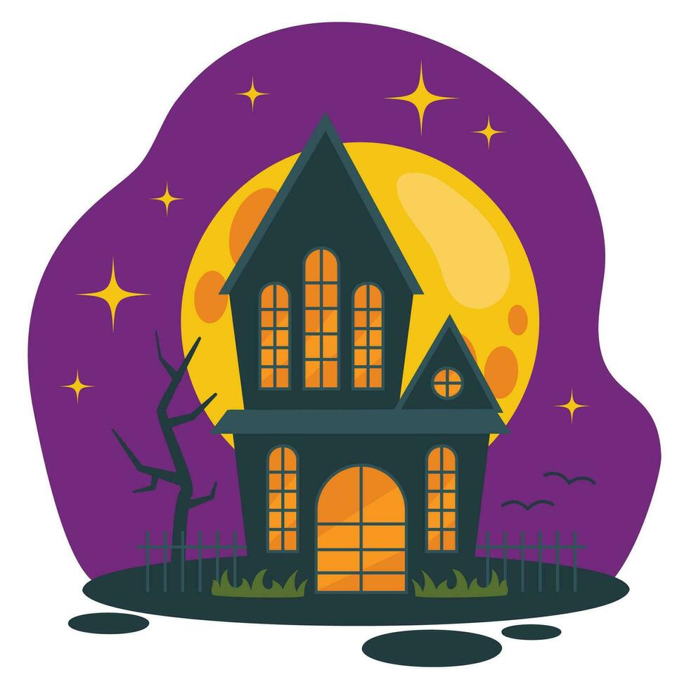 conjunto de Víspera de Todos los Santos ilustraciones. Siniestro antiguo casa, cerca, seco árbol. antecedentes con grande Luna y estrellas. vector gráfico.