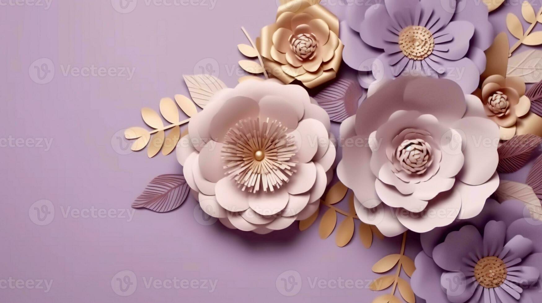 generativo ai, papel cortar arte flores y dorado hojas, ligero púrpura, digital lavanda color, floral origami texturizado fondo, primavera humor. foto