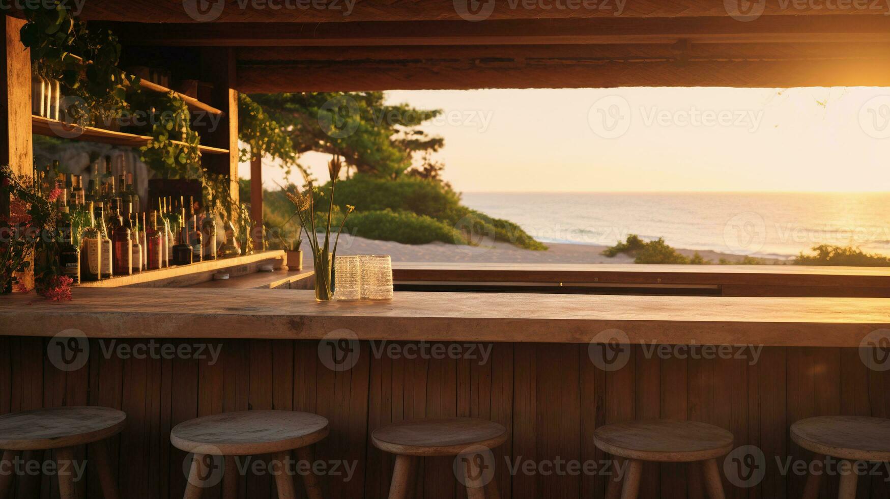 Generative AI, summer sunset beach bar background. Outdoor restaurant, Led light candles and wooden tables, chairs under beautiful sunset sky, sea view. photo