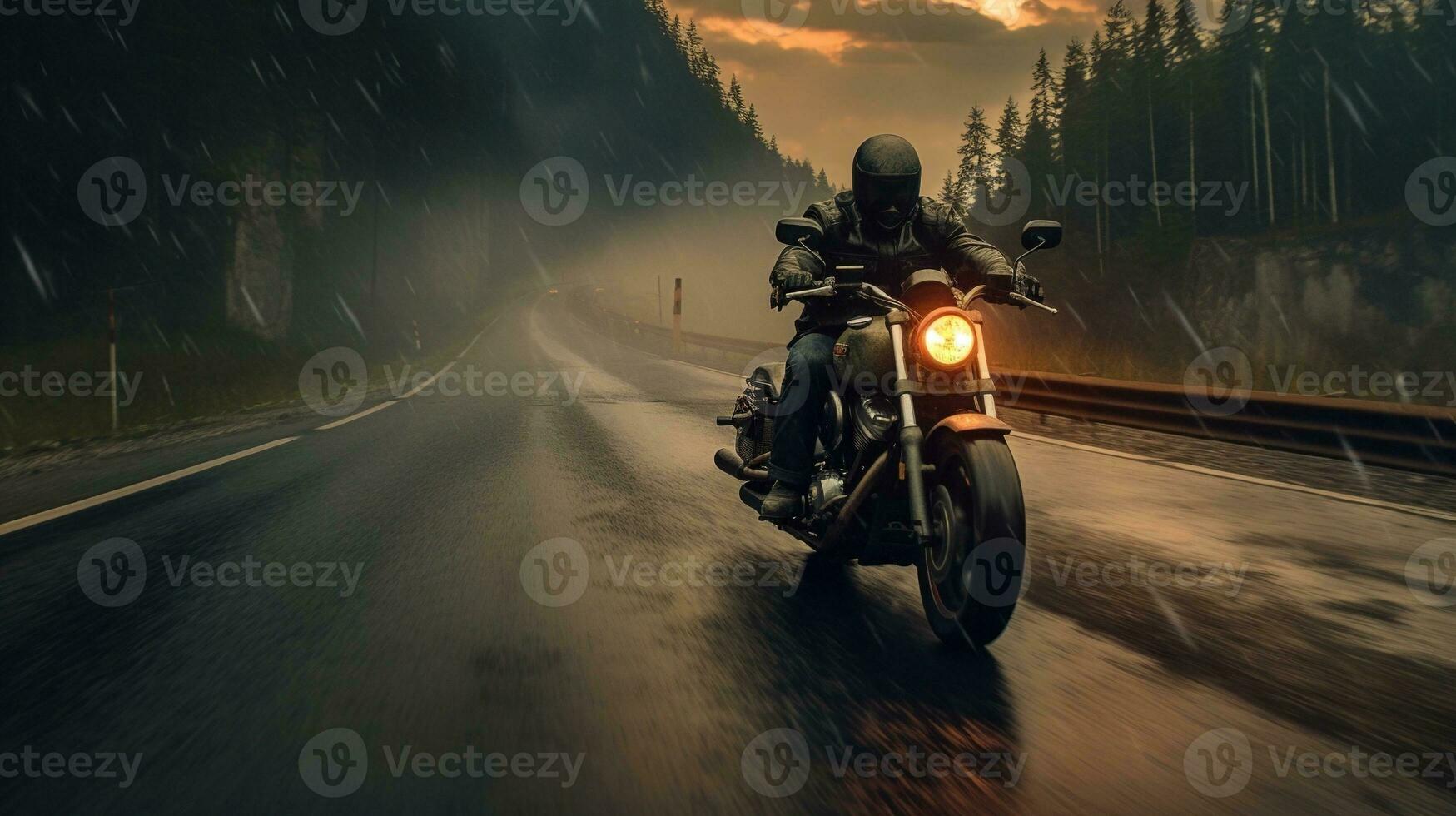 generativo ai, motocicleta jinete en calle equitación, puesta de sol cielo, teniendo divertido conducción el vacío autopista en un motocicleta excursión viaje foto