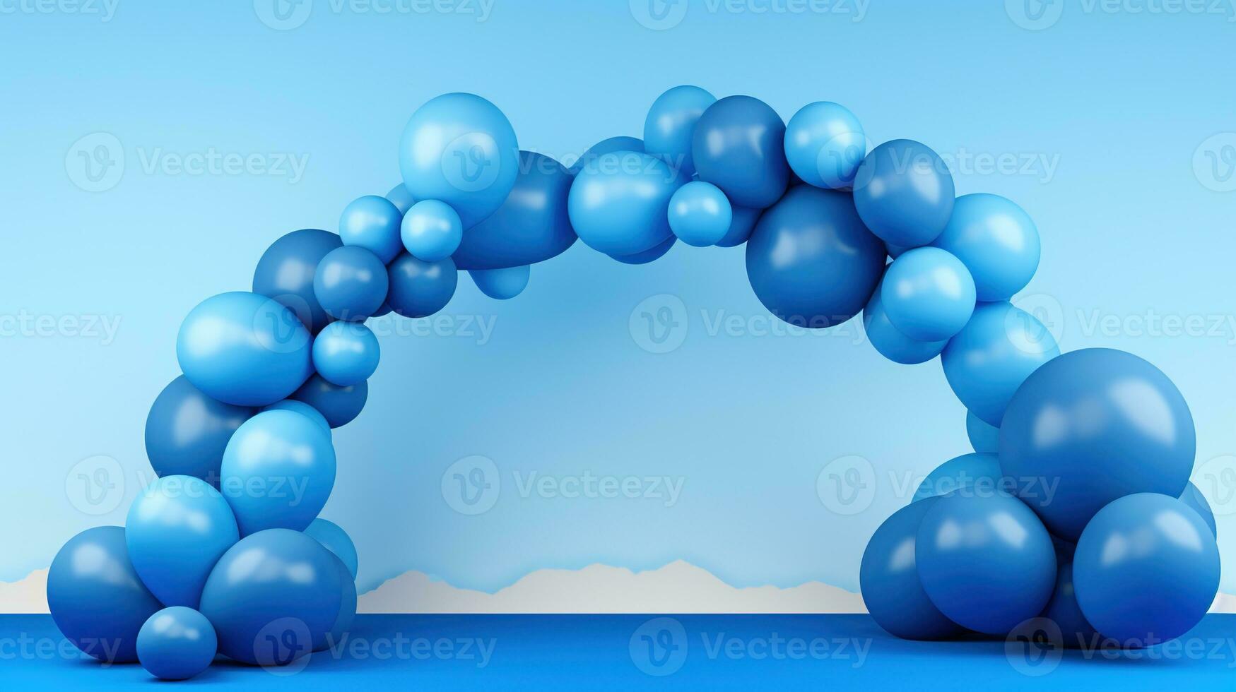 Generative AI, arch of blue balloons. Birthday party for boy 3d background, shower. Mockup, template for greetiing card. photo