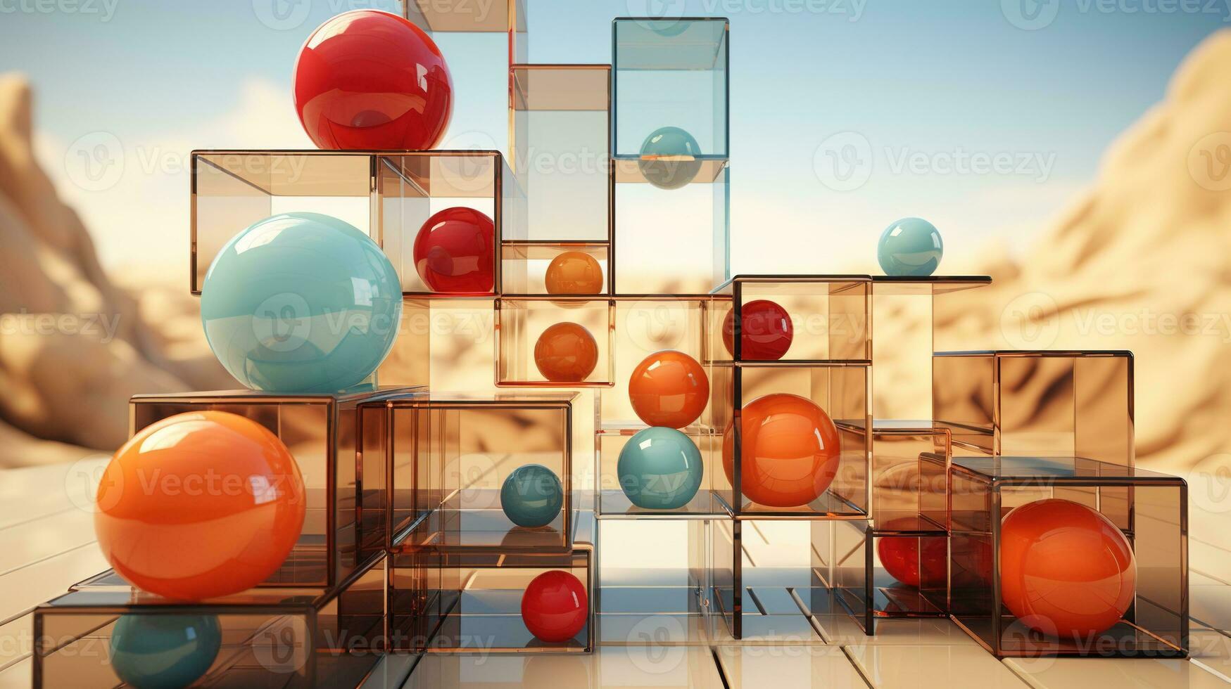 Generative AI, 3d effect abstract geometric figures charts, spheres and cubes photo