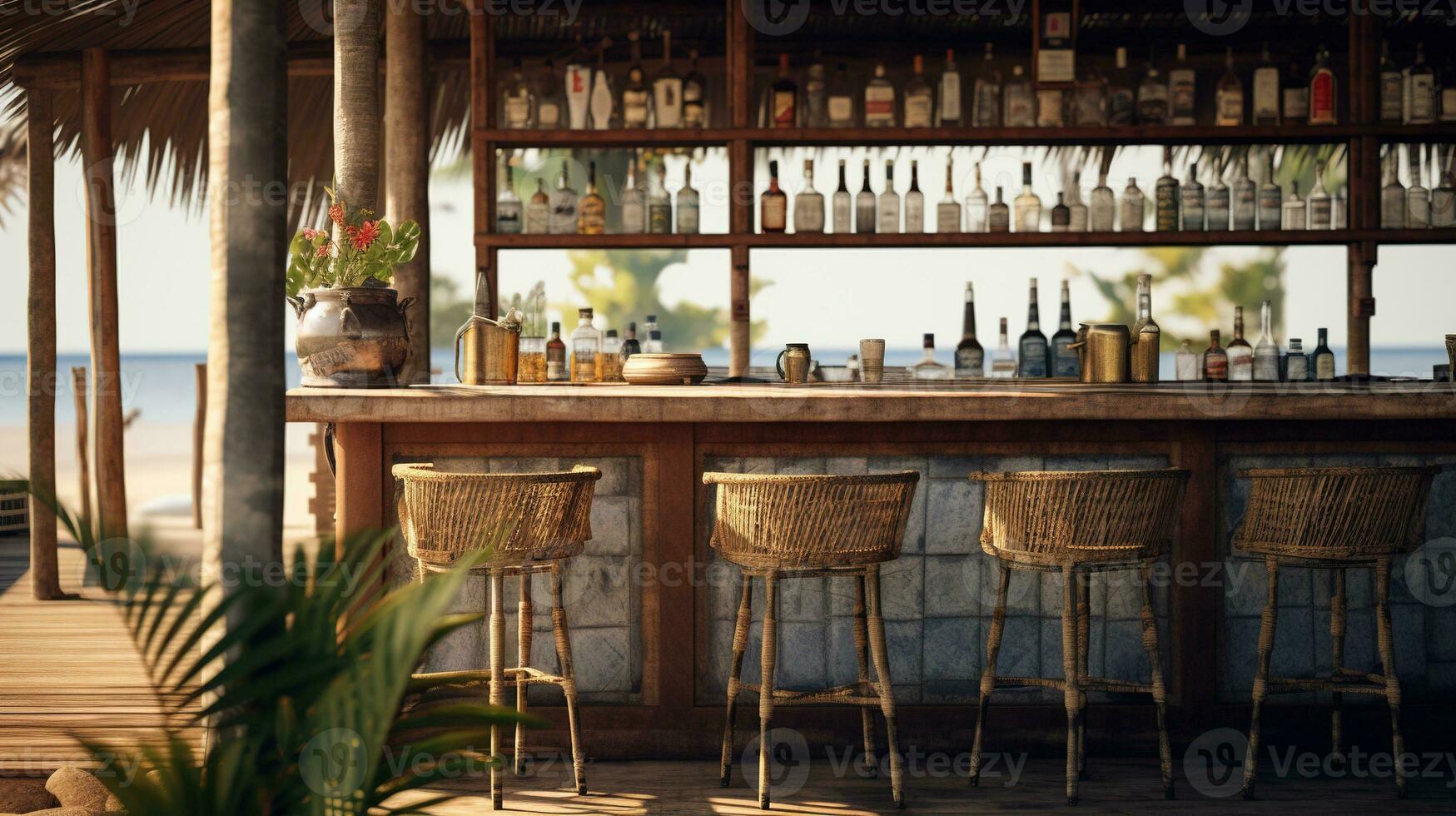 Generative AI, summer sunset beach bar background. Outdoor restaurant, Led light candles and wooden tables, chairs under beautiful sunset sky, sea view. photo