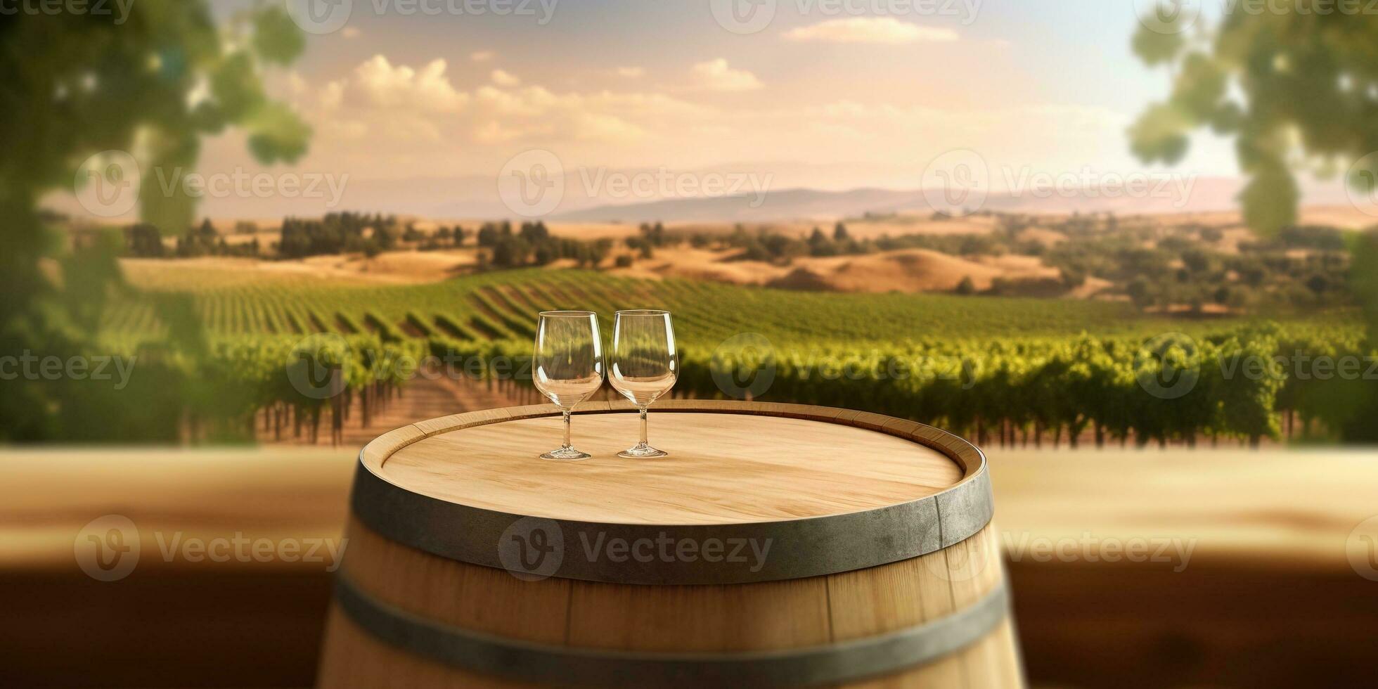 Generative AI, beautiful vineyard, green landscape. Rows of vines on sunset photo