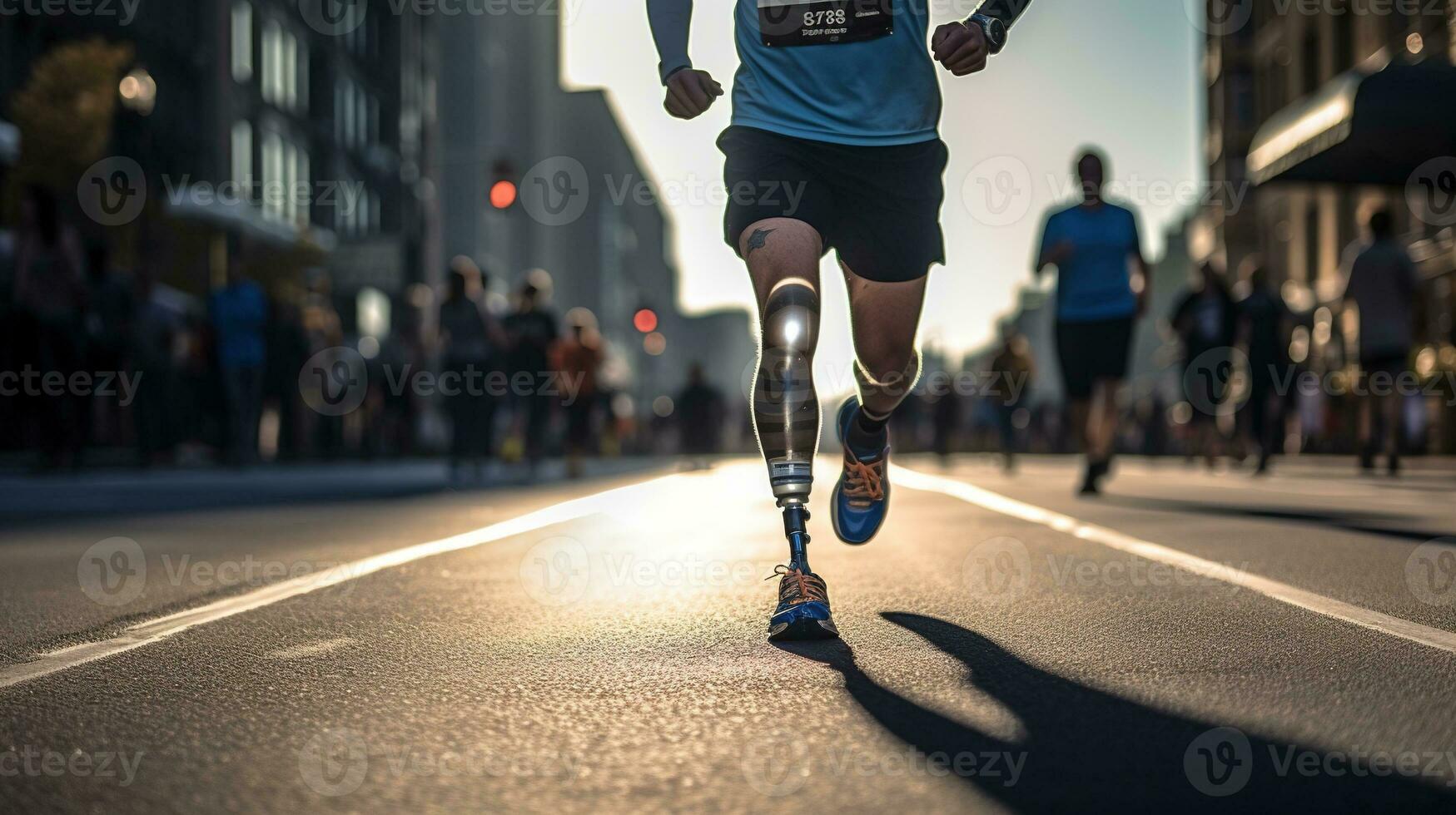 Generative AI, person with disability, prosthetic limb running and does not feel obstacles photo