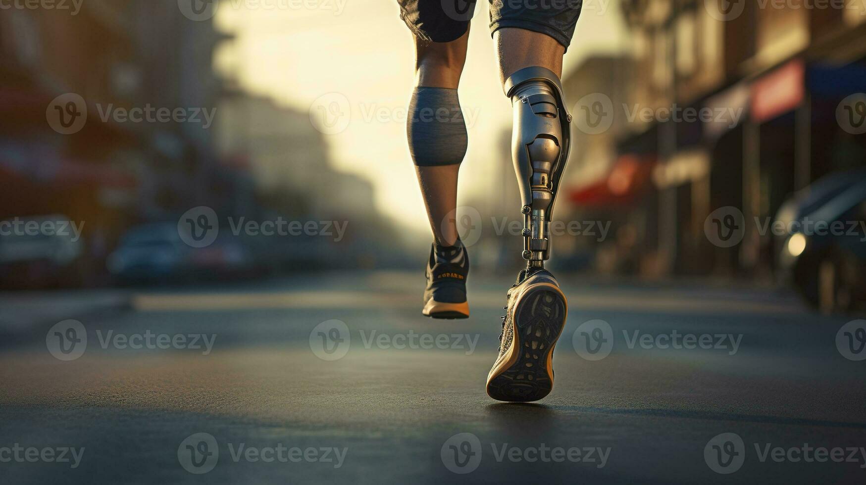 Generative AI, person with disability, prosthetic limb running and does not feel obstacles, photo