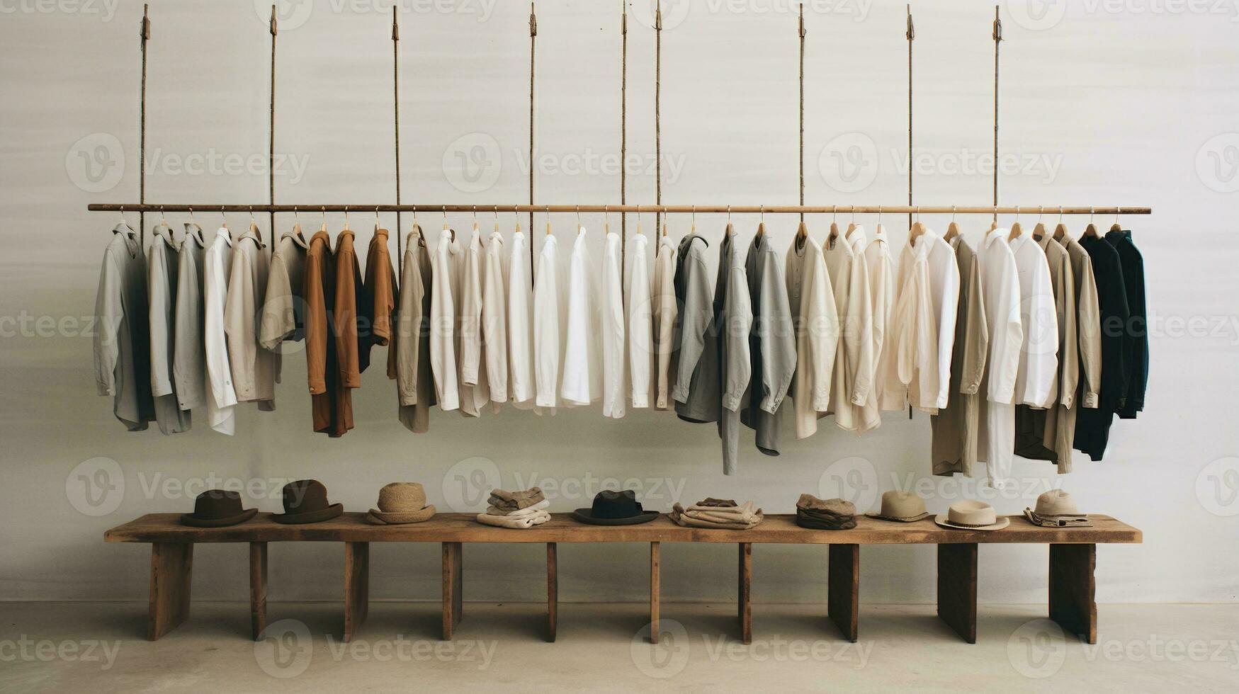 Generative AI, Cloth store aesthetic background, photo of clothes hanging on hangers, muted neutral colors