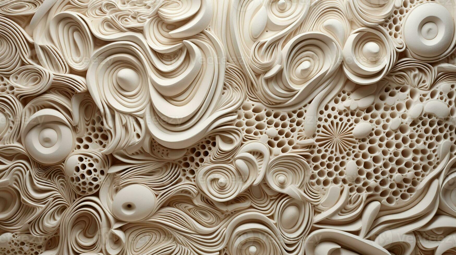 Generative AI, white, ivory and beige modelling clay, gypsum or ceramic background and texture, curls and flowing forms photo