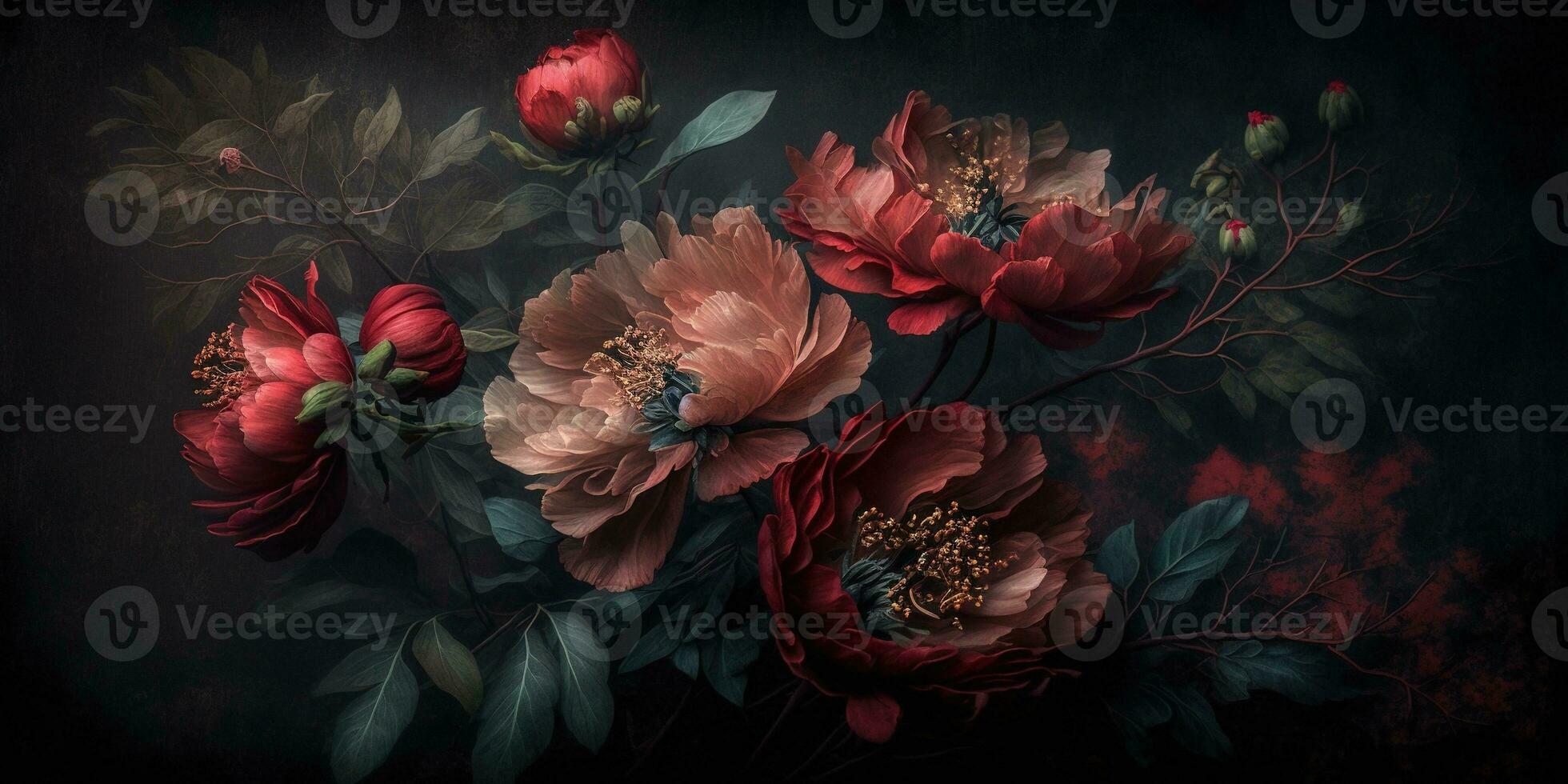 Generative AI, Close up of blooming flowerbeds of amazing red color flowers on dark moody floral textured background. Photorealistic effect.. photo