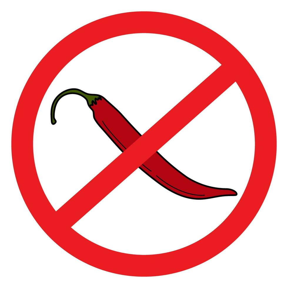 Vector abstract isolated image of red hot Chili pepper under the ban sign. Prohibition sign. Sticker