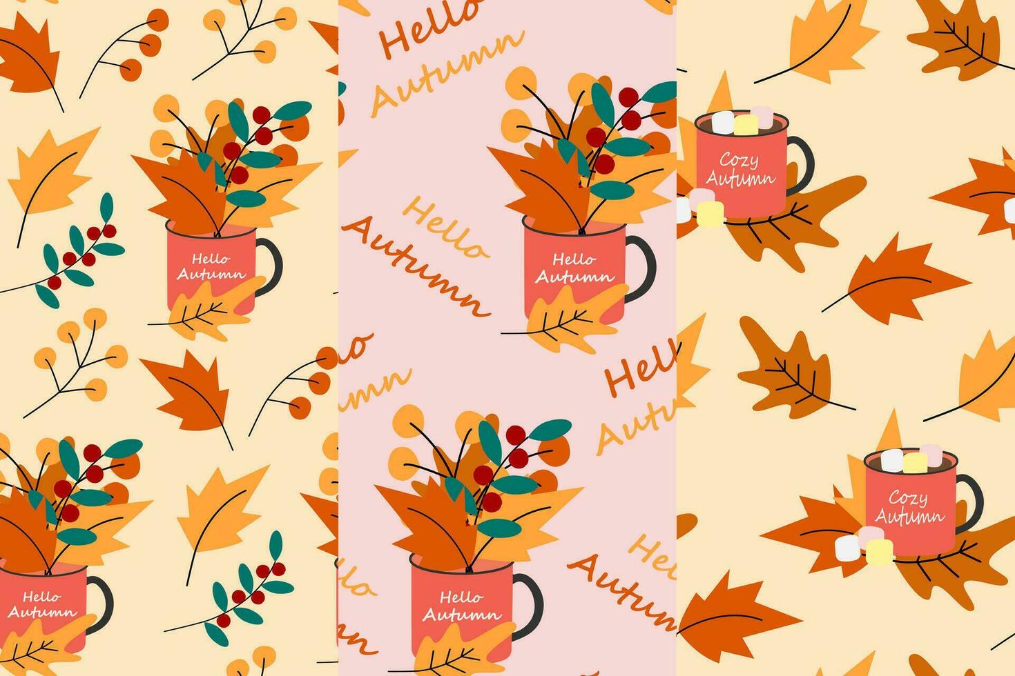Set of seamless patterns of cups with bouquet of dry leaves, seasonal twigs, berries and marshmallow vector