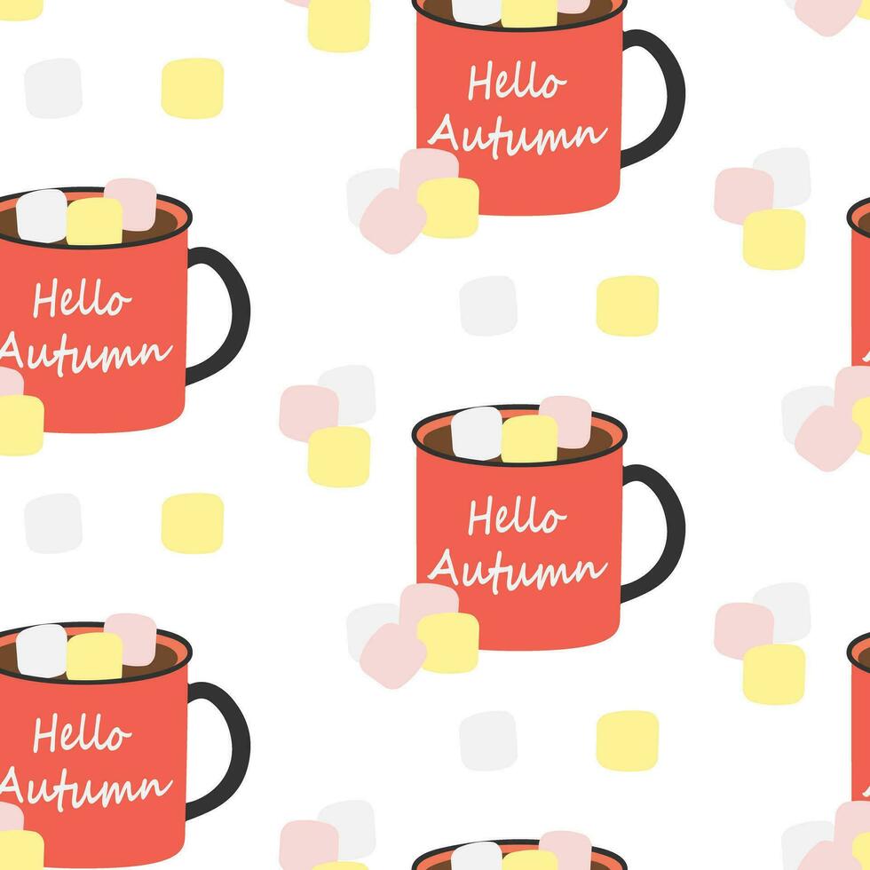 Seamless pattern of mugs with lettering Hello autumn, warm drink and marshmallow in trendy shades vector