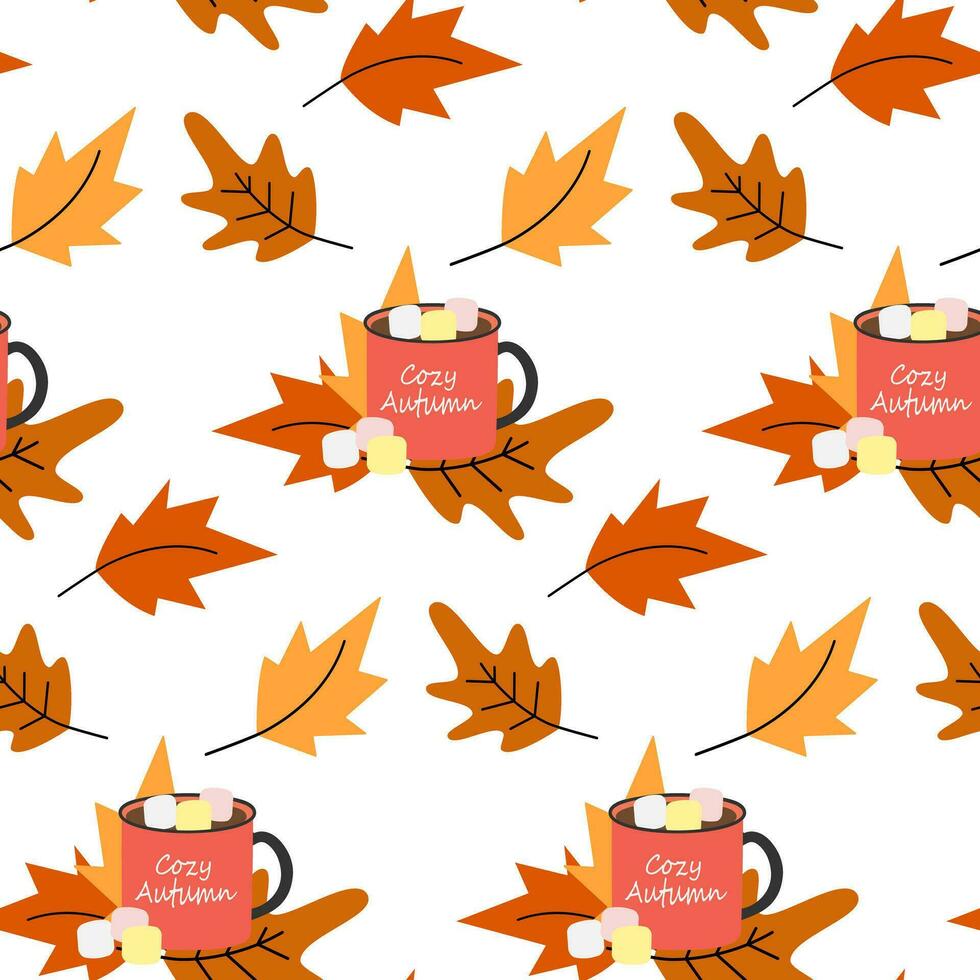 Endless pattern of caps with lettering Cozy autumn, drink with marshmallow and dry leaves. Isolate vector