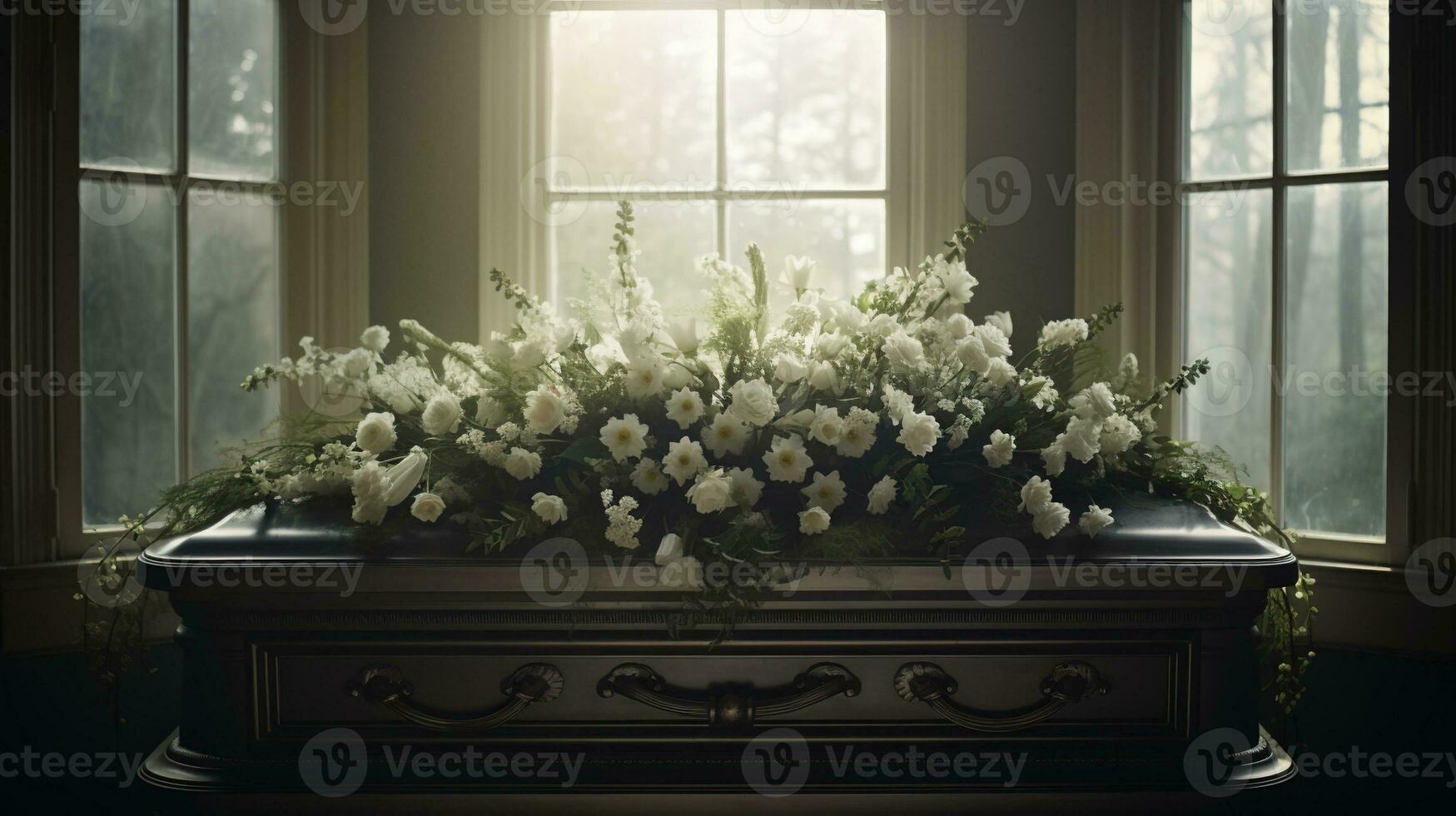 Generative AI, Flowers on a coffin in the funeral or burial services at cemetery, casket with flowers photo