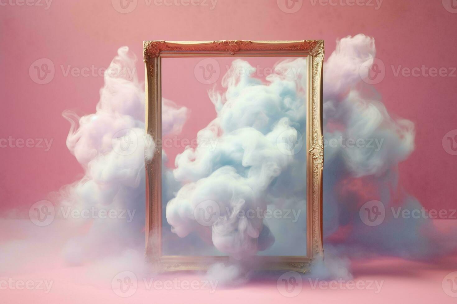 Generative AI, pastel light smoke around empty vintage beautiful frame. photo