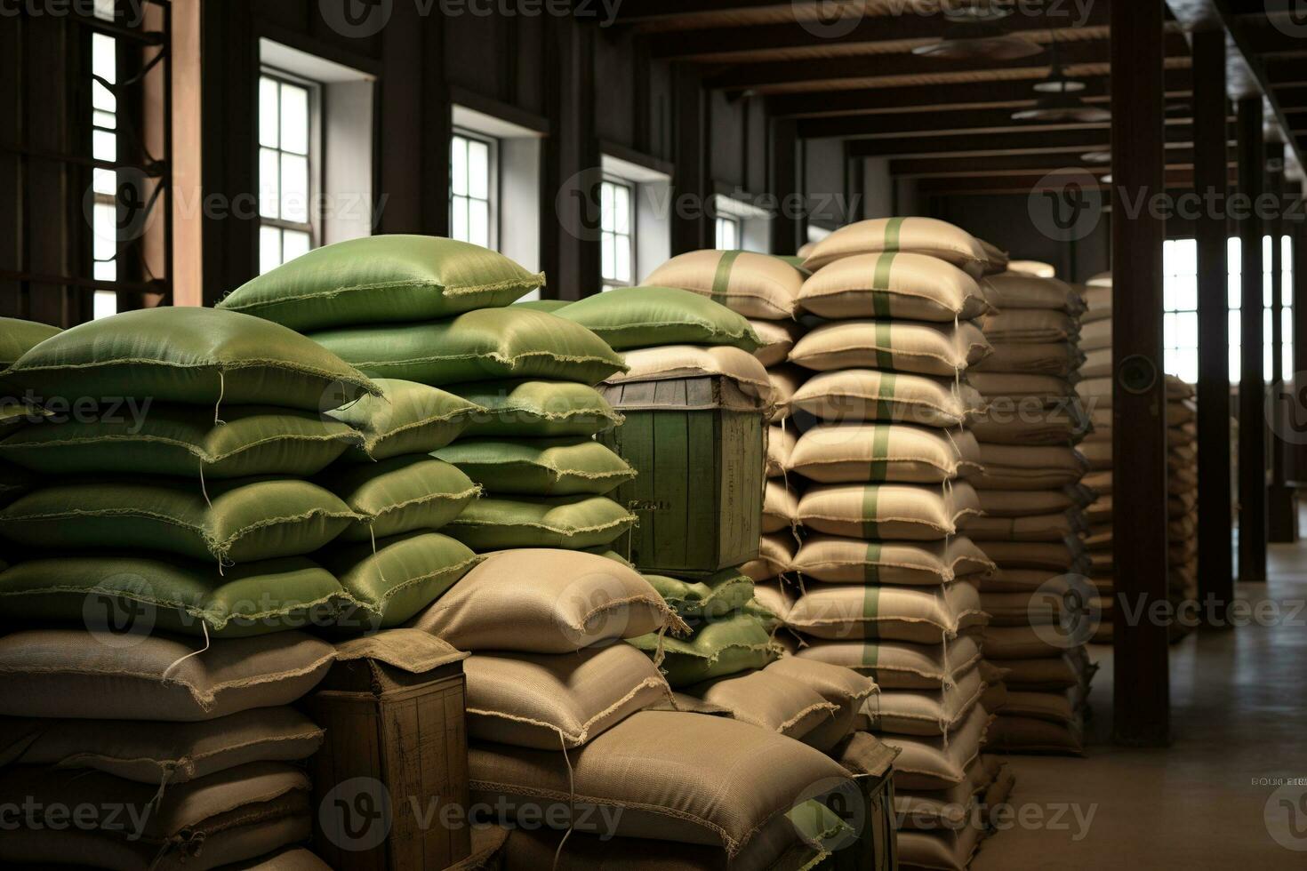Generative AI, Stack hemp sacks of rice or coffee, industrial storage photo