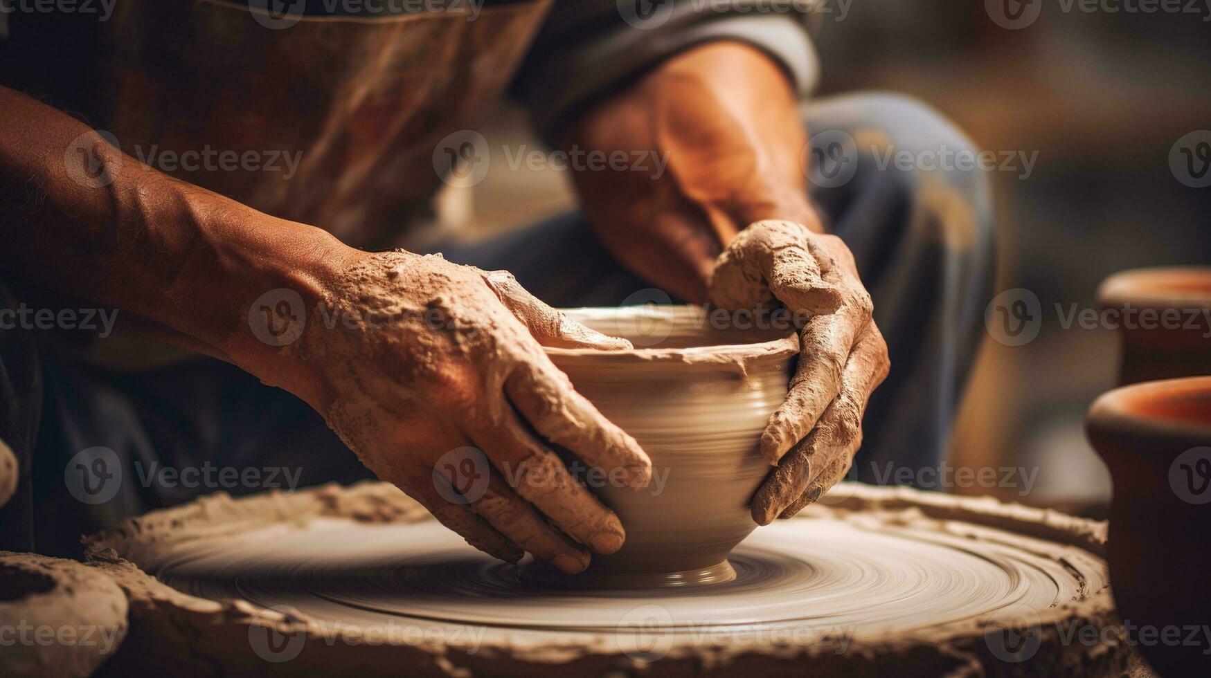 Generative AI, hands with clay making of a ceramic pot in the pottery studio, hobby and leisure concept photo