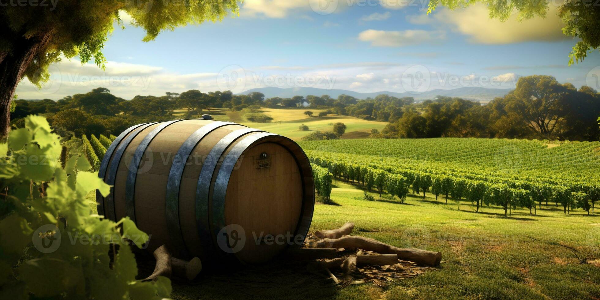 Generative AI, beautiful vineyard with wooden barrels, green landscape. Rows of vines on sunset photo