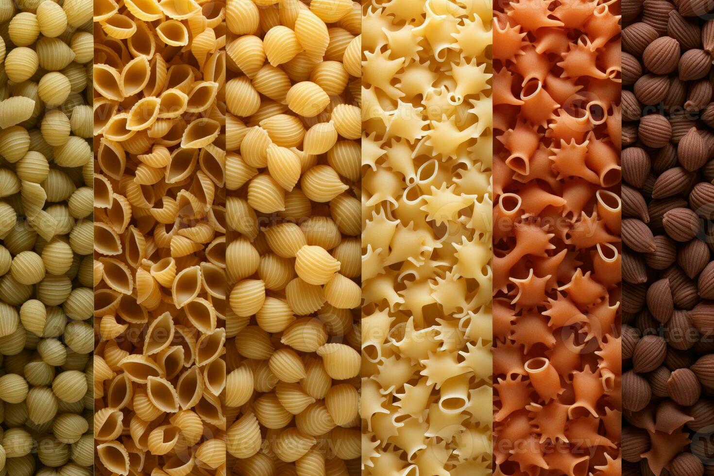 Generative AI, Variety of types, colors and shapes of Italian pasta, texture background photo