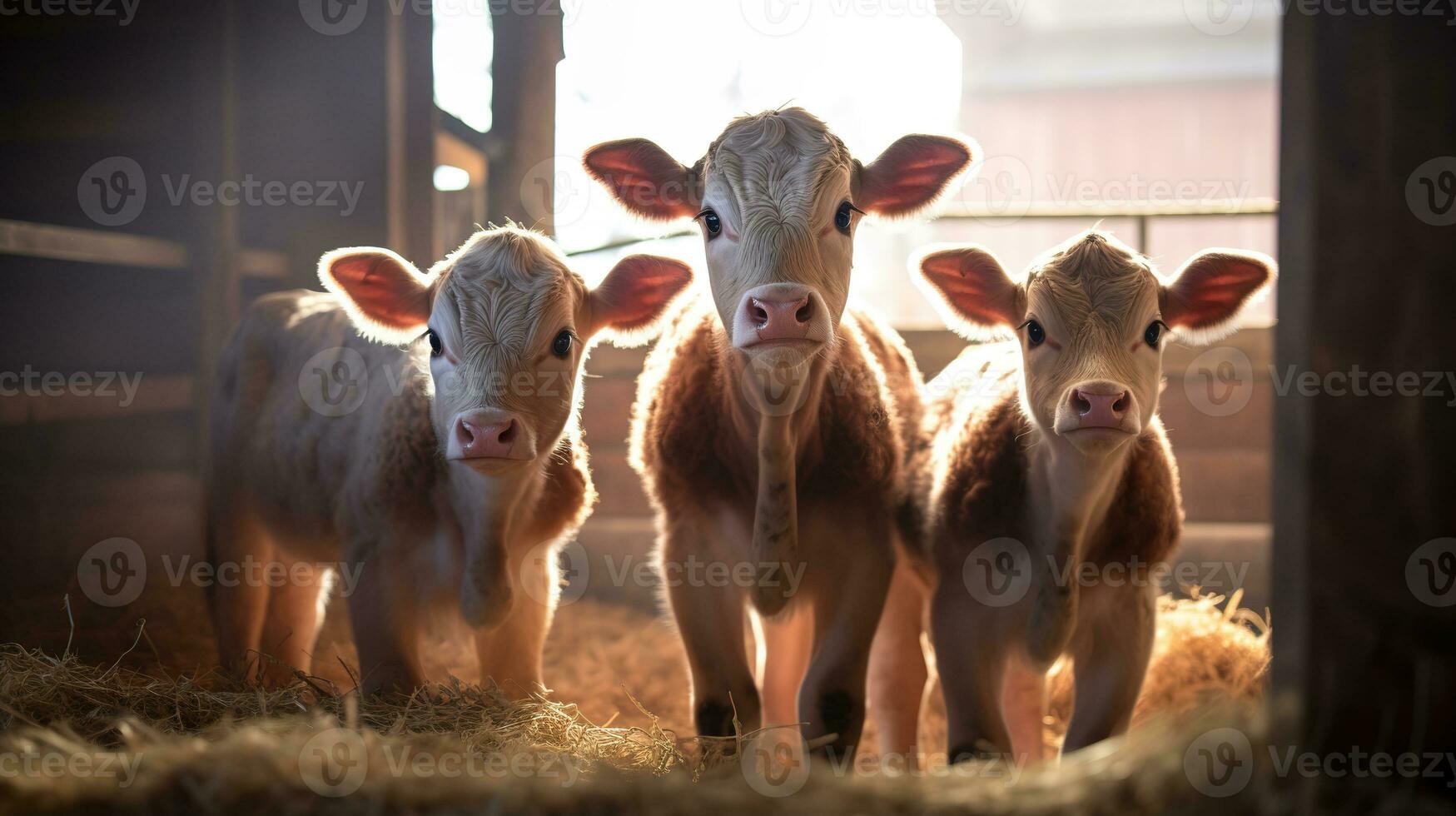 generativo ai, pequeño terneros mirando a el cámara en un granja, bebé vacas foto