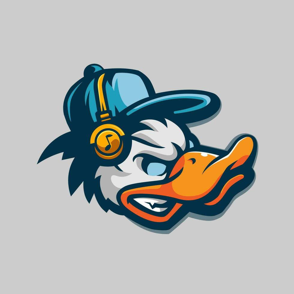 Pato música. enojado Pato vistiendo auriculares ilustración diseño vector