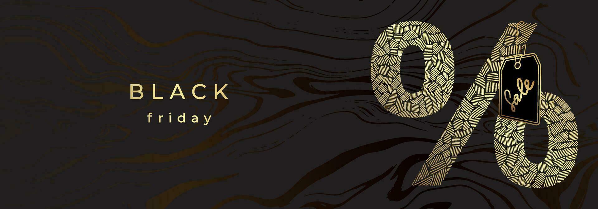 Luxury golden banner for Black Friday. Golden textured percent sign with price tag. Black marble background vector