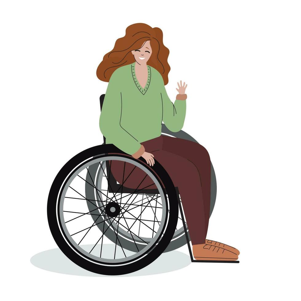 Person in wheelchair waving her hand. Person with a disability on white background. Inclusive people vector