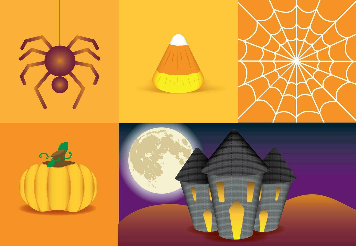 Víspera de Todos los Santos araña web caramelo maíz calabaza castillo Luna íconos vector