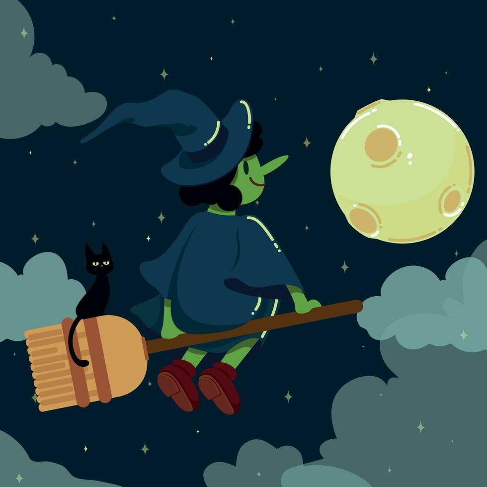 Cute little witch flying through the night sky vector