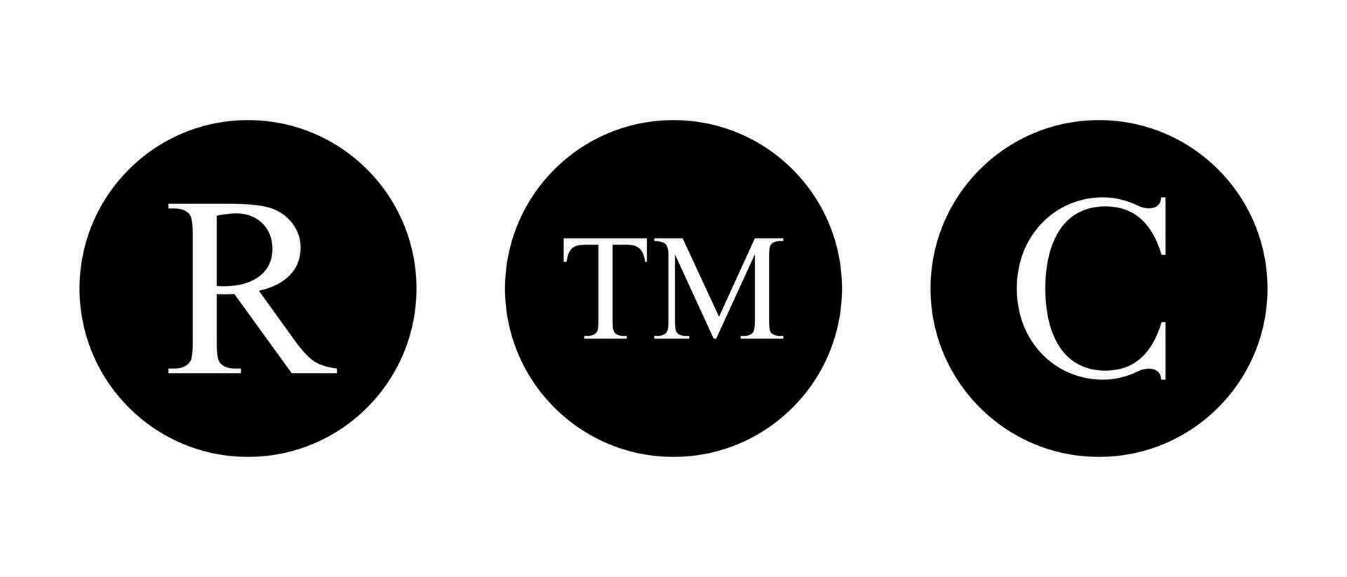 Registered, trademark, and copyright icon vector in black circle. Legal product sign symbol